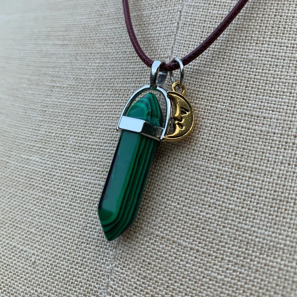 Handmade Malachite Dagger Tower Amulet with Moon Charm_10
